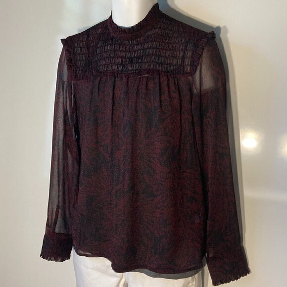 Who What Wear SZL Black sheer top wine print Smocking Whimsigoth Fairy Boho Chic - Picture 3 of 8